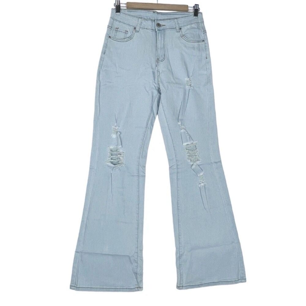 New Women’s Light Wash Distressed Flare Jeans Sz M Fits L XL Stretch High Rise